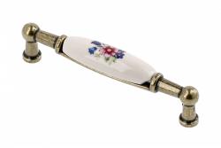 Porcelain handle 728B C=96mm antique brass R-pink flower 1208965696 - Set of 7