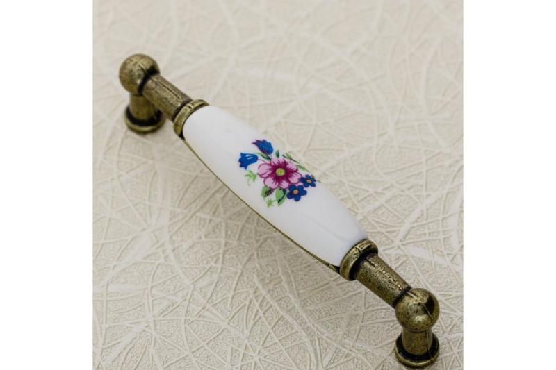 Porseleinen handgreep 728B C=96 mm antiek messing R-roze bloem 1208965696 - Set van 7