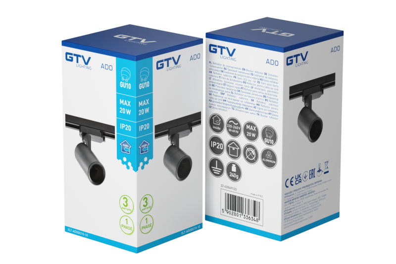 Verlichtingsarmatuur voor 1-fasige rail, ADO, GU10, max. 20 W, AC 220-240 V, 50/60 Hz, IP20, zwart 1208966647 - Set van 2