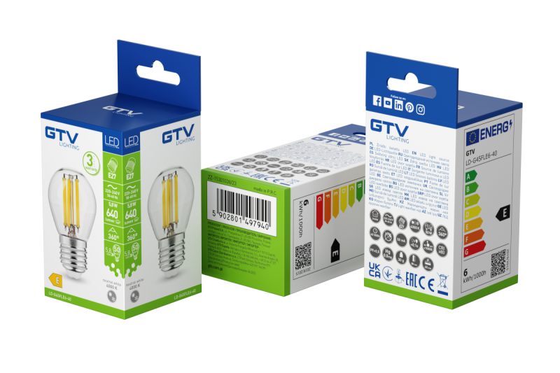 LED-LICHTVOORZIENING, GLOEIDRAAD, A-G, G45, 4000K, E27, 5,8 W, AC 220-240 V, 360°, 640 lm, 50 mA 1208966967 - Set van 6