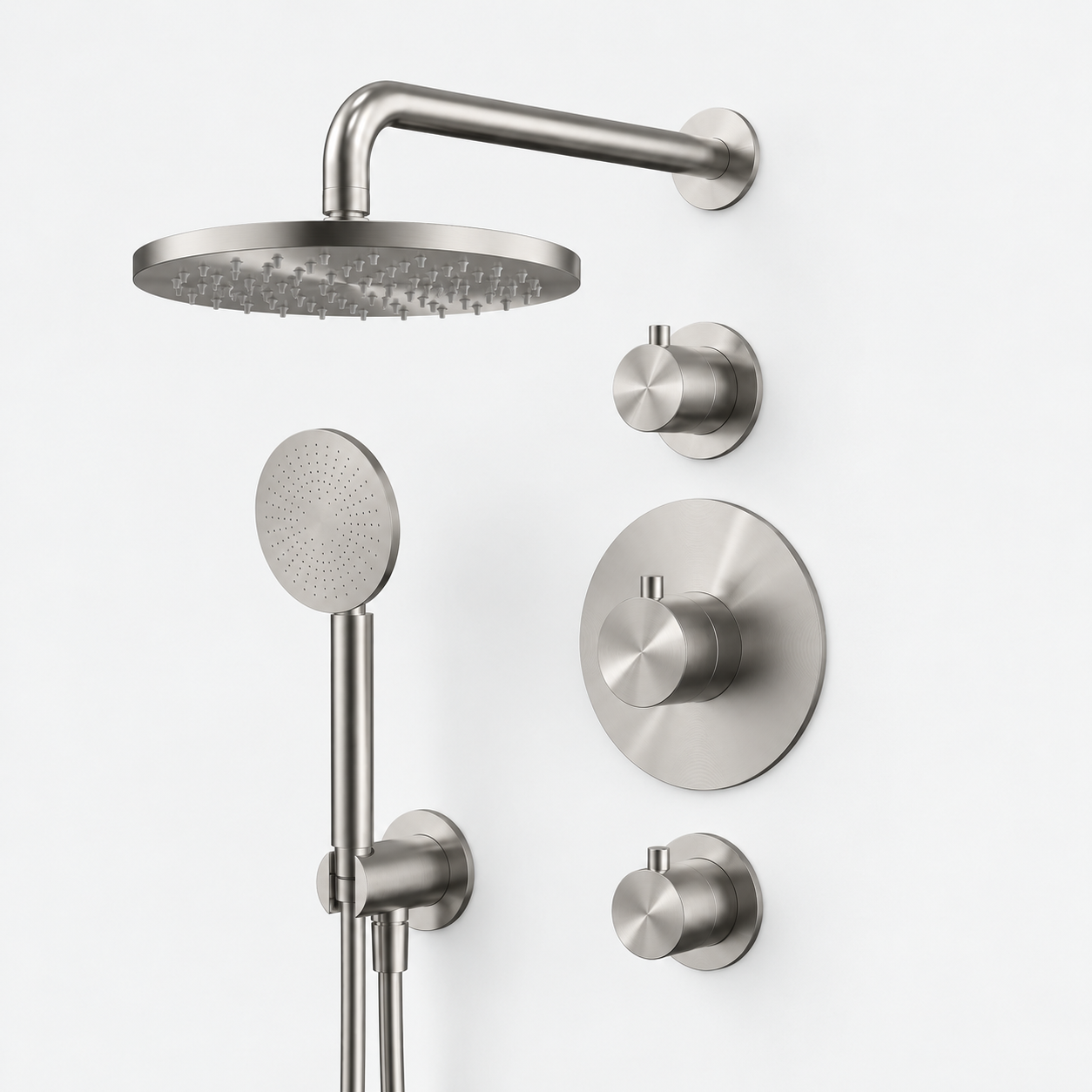 Aquanello Eterna Stainless Steel Thermostatic Flush-Mounted Shower Set with 2 Shut-Off Valves 25 cm Rain Showerhead and Round Hand Shower ET-S-SET1-5-02