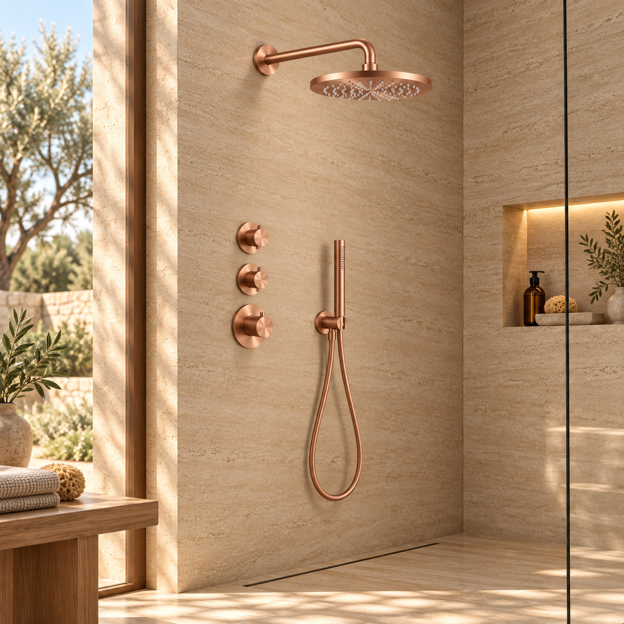Aquanello Eterna Thermostatic Flush-Mount Shower Set 25 cm Rain Shower Copper PVD ET-S-SET1-2-62