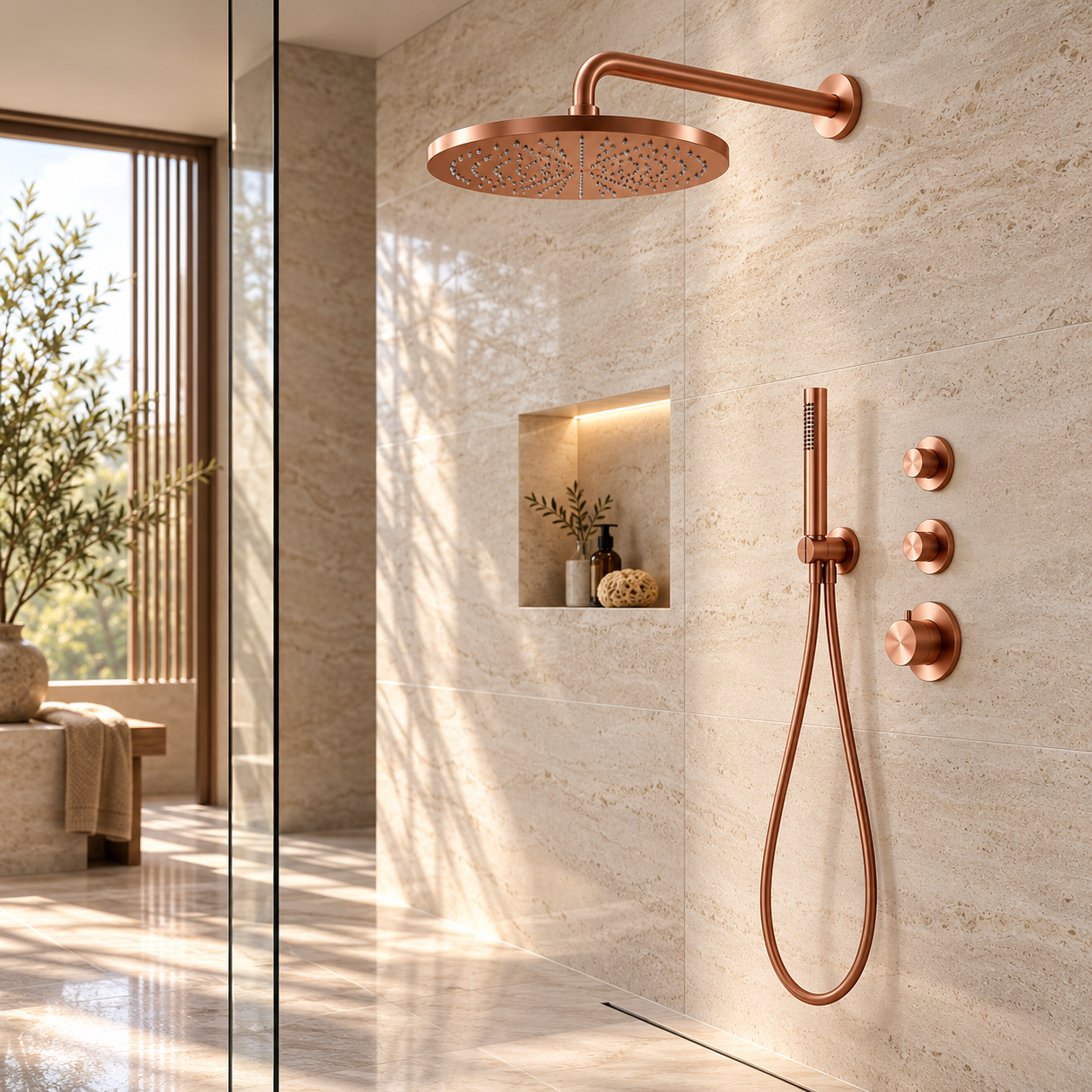 Aquanello Eterna Thermostatic Flush-Mount Shower Set 30 cm Rain Shower Copper PVD ET-S-SET1-3-62