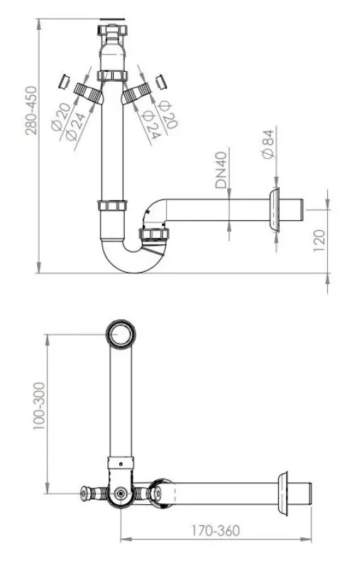 Pure.Sink Universal Siphon ruimte besparende spoelbak sifon voor in de keuken met 2 vaatwasser aansluitingen PRSIF011