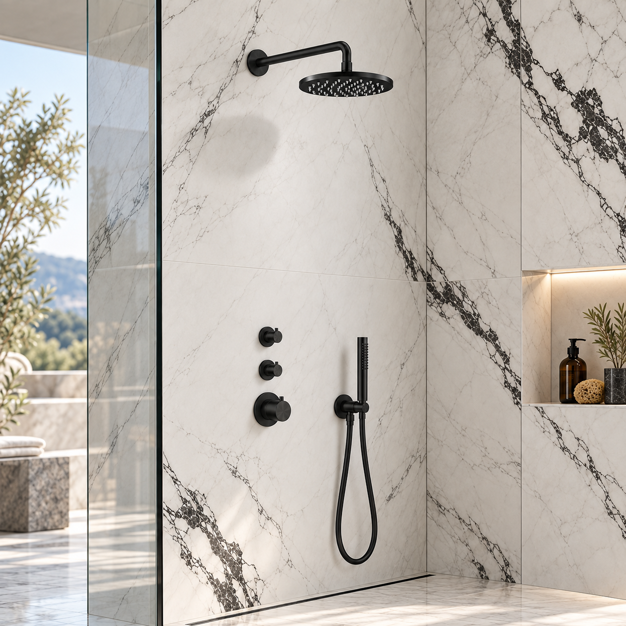 Aquanello Eterna Thermostatic Flush Mount Shower Set 20 cm Rain Shower Matte Black ET-S-SET1-1-10