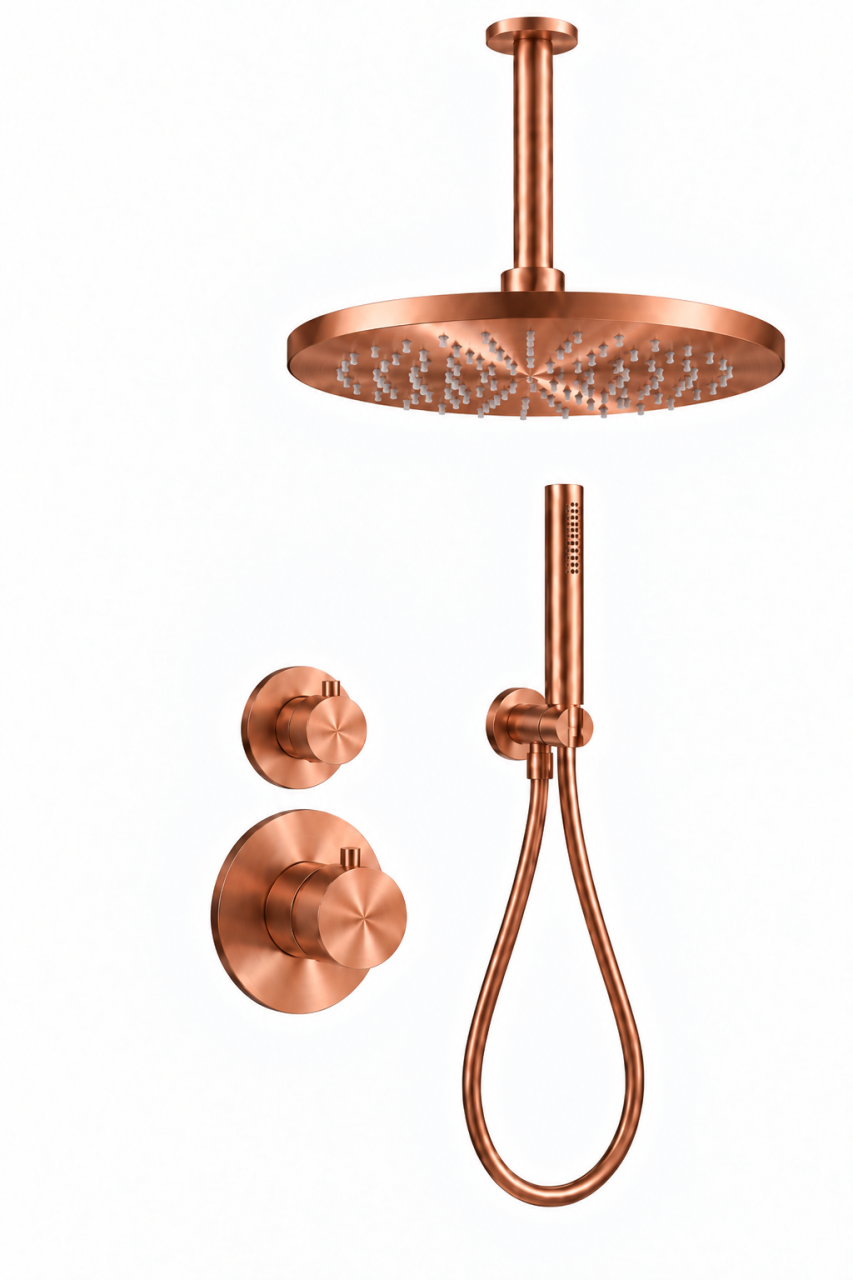 Aquanello Eterna Flush Mount Thermostatic Shower Set PVD Copper with 25 cm Ceiling Arm Rain Shower and Handheld Shower ET-S-SET4-2-62