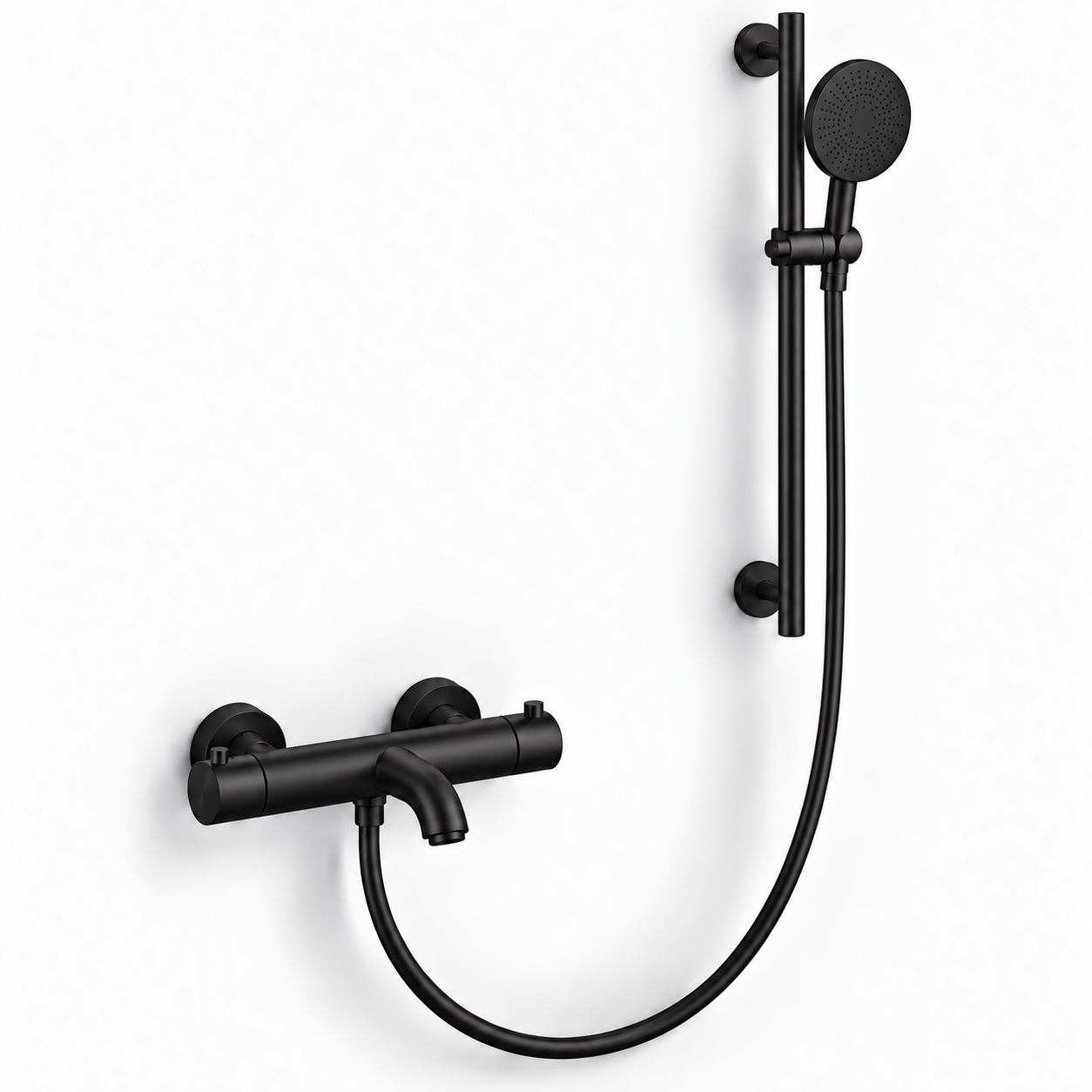 Aquanello Eterna Thermostatic Surface-Mounted Bath Faucet in Matte Black with Round Hand Shower and Shower Rod ET-B-SET1-4-10