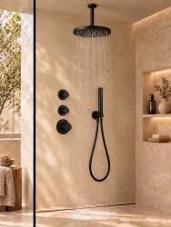 Aquanello Eterna Flush Mount Shower Set Matte Black Thermostat 2 Shut Off Valves ET-S-SET2-1-10