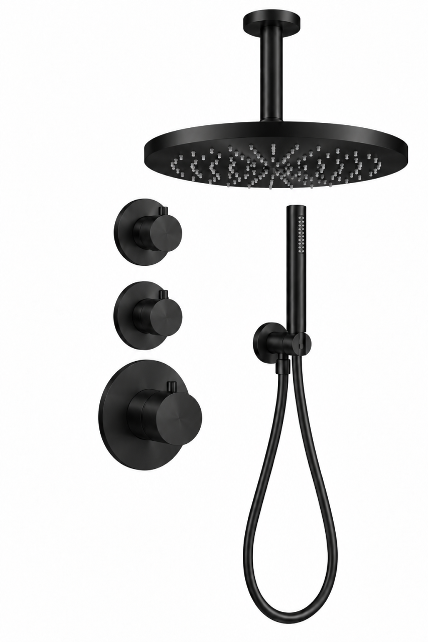 Aquanello Eterna Inbouw Doucheset Mat Zwart Thermostaat 2 Stopkranen 25 cm ET-S-SET2-2-10