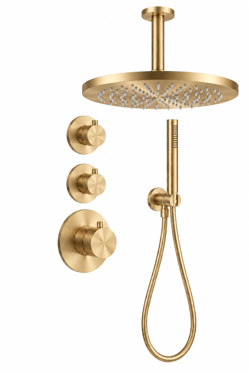 Aquanello Eterna Inbouw Doucheset PVD Goud Thermostaat 2 Stopkranen 30 cm ET-S-SET2-3-60