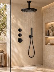 Aquanello Eterna Flush Mount Shower Set Matte Black Thermostat 2 Shut Off Valves 30 cm ET-S-SET2-3-10