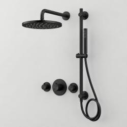 Aquanello Eterna Thermostatisches Duschset in Mattschwarz für den Einbau mit 2 Absperrventilen Regendusche 20 cm und Duschstange mit Handbrause ET-S-SET1-7-10