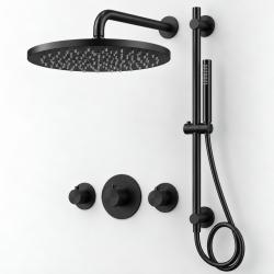 Aquanello Eterna Thermostatische Duscharmatur in Mattschwarz für den Einbau mit 2 Absperrventilen Regendusche 30 cm und Duschstange mit Handbrause ET-S-SET1-9-10