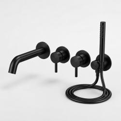 Aquanello Eterna Mattschwarze Einbau-Badarmatur mit 2 Mischbatterien 18 cm langem Wannenauslauf und Stabhandbrause ET-B-SET4-1-10